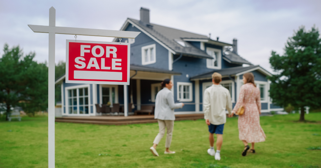 Real estate agent Meeting a Beautiful Successful Couple in Front of a Modern Big House That is For Sale.